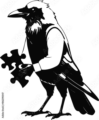 A crow as a strategic planner holding puzzle pieces, clear standing pose, flat vector illustration, clean shape separation, limited color palette, bold black outline, no gradient, no shadow, white bac