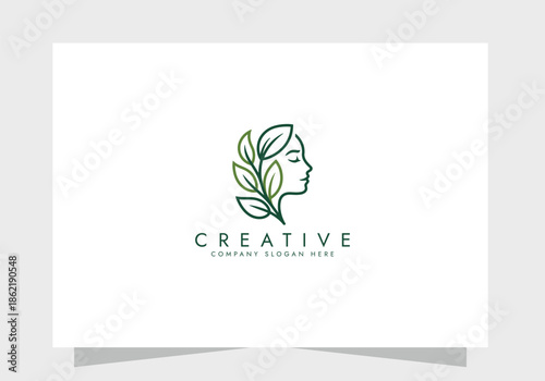 Organic Beauty Line Art Logo with Woman and Leaves, beauty logo, Skincare icon vector design