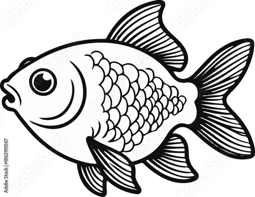 A goldfish as a mindfulness coach floating calmly, round body simplified, flat vector art, minimal detail, solid flat colors, thick black outline, no texture, no lighting, clean sticker style, white b