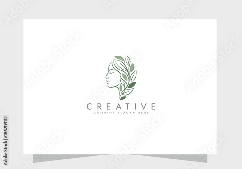 Organic Beauty Line Art Logo with Woman and Leaves, beauty logo, Skincare icon vector design