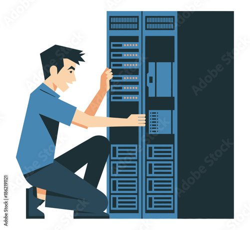 Technician adjusts server rack equipment while performing essential.