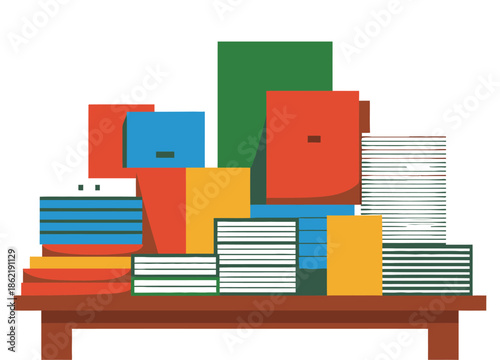 Large messy piles of colorful books and paperwork stack upon a table.