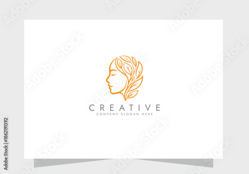 Organic Beauty Line Art Logo with Woman and Leaves, beauty logo, Skincare icon vector design