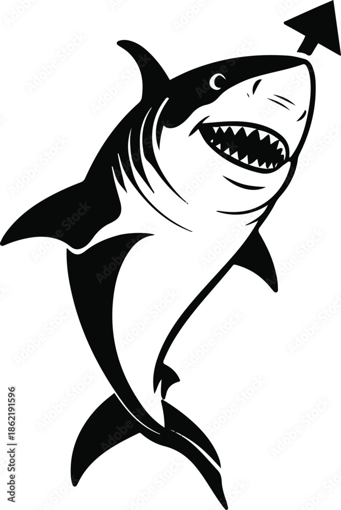 Obraz premium A shark as a business growth advisor pointing upward arrow, streamlined body simplified, flat vector illustration, solid flat colors, bold outline, no gradient, no shadow, clean vector sticker, white 