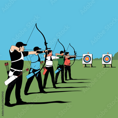 Archery competitors aim bows and arrows toward distant targets on a sunny.