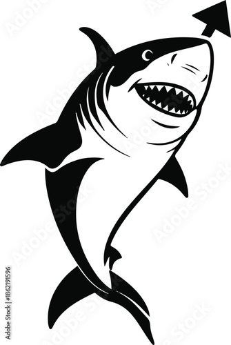 A shark as a business growth advisor pointing upward arrow, streamlined body simplified, flat vector illustration, solid flat colors, bold outline, no gradient, no shadow, clean vector sticker, white 