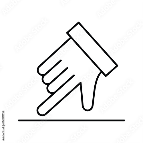 Minimalist outline icon showcasing a hand directing attention or indicating a specific item with a clear downward pointing motion in digital interfaces