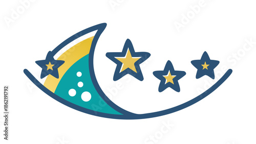 Decorative half moon with multiple small stars, festive eid celebration icon.