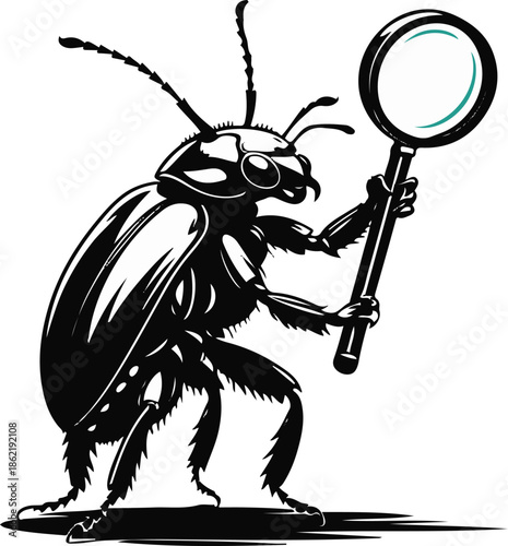 A beetle as a quality control inspector holding a magnifier, compact body pose, flat vector art, minimal detail, solid colors only, thick black outline, no lighting, no texture, isolated on white back