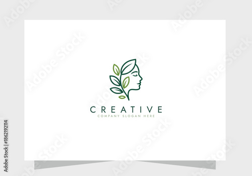Organic Beauty Line Art Logo with Woman and Leaves, beauty logo, Skincare icon vector design