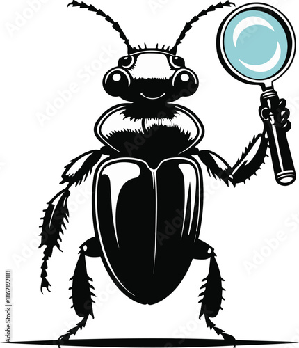 A beetle as a quality control inspector holding a magnifier, compact body pose, flat vector art, minimal detail, solid colors only, thick black outline, no lighting, no texture, isolated on white back