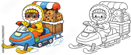 Cartoon courier riding snowmobile delivering giant cookies in a cart and black and white coloring page outline vector illustration