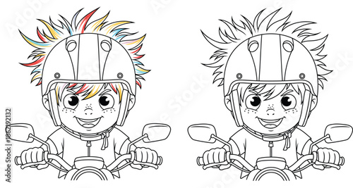 Cute cartoon boy with spiky hair riding a motorcycle wearing a helmet and black and white coloring page outline vector illustration