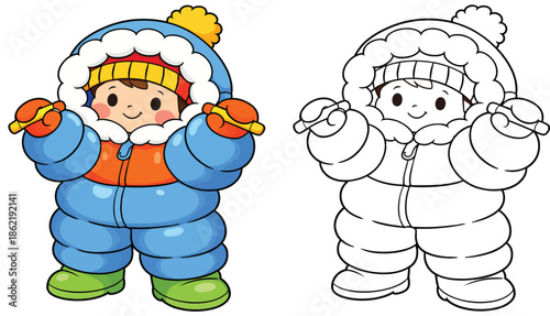Cute cartoon Eskimo or Inuit child wearing warm winter parka vector illustration with black and white coloring page outline for kids