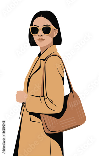Stylish woman wearing sunglasses and beige trench coat carries shoulder.