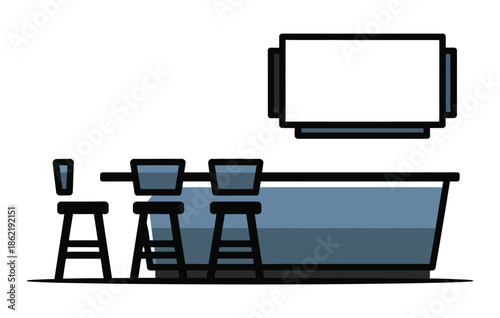 Modern bar counter with stools and blank screen mockup awaits patrons.