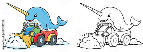 Cute cartoon narwhal driving a snowplow vector illustration with black and white coloring page outline for kids