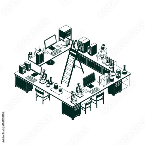 A laboratory setup with microscopes, computers, and scientific equipment.