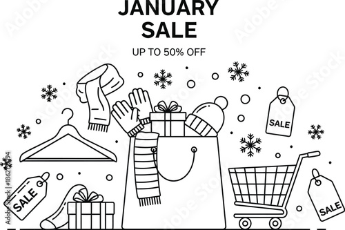 Black and white line art illustration promoting a January winter clothing sale event offering significant discounts of up to fifty percent off merchandise and seasonal items