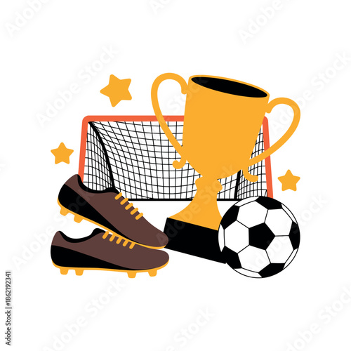A soccer trophy, ball, cleats, and goal represent the sport of soccer.