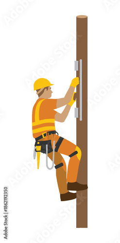 Lineman wearing hard hat climbs a wooden utility pole using safety gear.