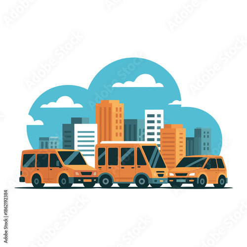 Several yellow vehicles are driving in front of a city skyline.