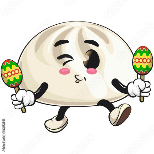 cute steamed bun bao mascot cartoon character illustration isolated plays music with maracas, work of hand drawn
