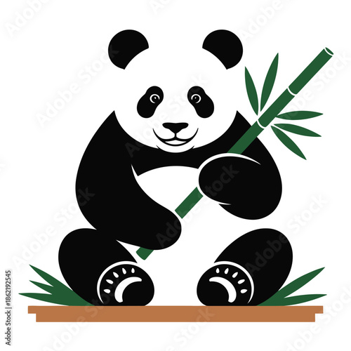 Panda bear cub happily sits holding a thick stalk of green bamboo.