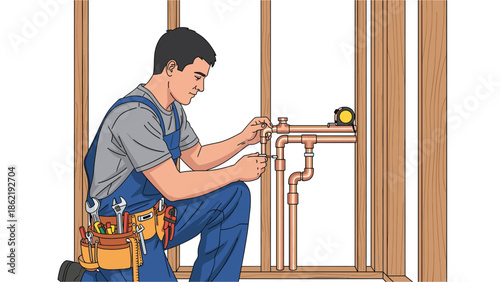 Professional plumber working on copper pipes in a construction site