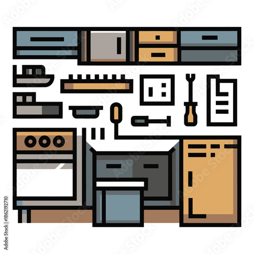 Kitchen repair layout includes cabinets, oven, and essential tools.