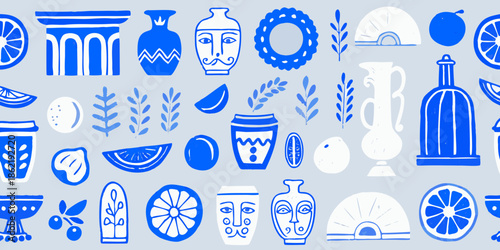 Blue and white mediterranean patterns featuring citrus vases and architectural elements