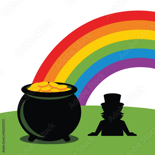 Leprechaun silhouette watches overflowing pot of gold beneath vibrant.