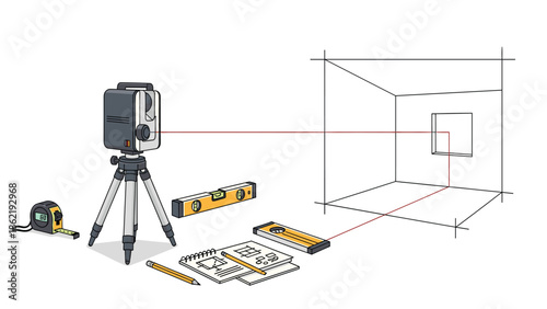 Laser level tool with tripod and measuring equipment for precise construction planning