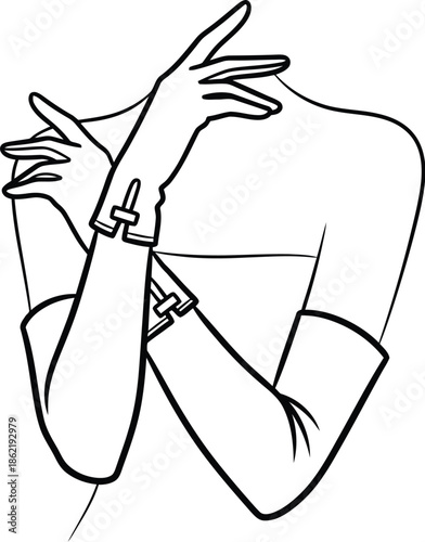 Minimalist black and white line art drawing depicting elegant female arms and hands wearing long opera gloves with detailed wrist clasps or buckles.