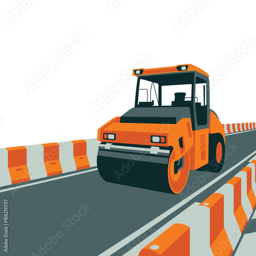 Road roller compacts asphalt pavement between safety barriers on.