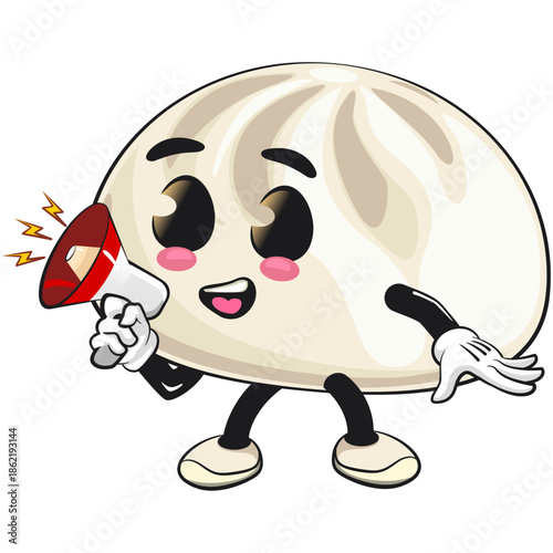 cute steamed bun bao mascot cartoon character illustration isolated shouting with a loudspeaker,, work of hand drawn