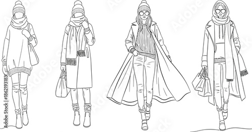 Fashion illustration set showcasing four unique female figures dressed in detailed, stylish winter clothing ensembles for cold weather outings and casual street style looks.