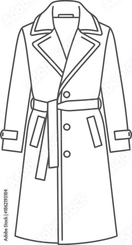 Simple black and white line art illustration of a classic double-breasted trench coat featuring a belted waist and notched lapels perfect for fashion concepts.