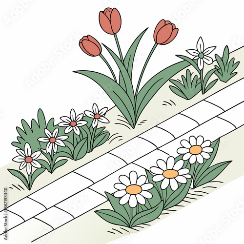 Vibrant flower bed along a pathway