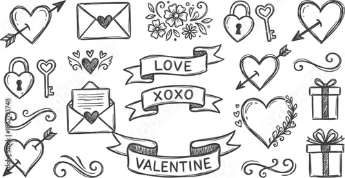 Valentine's Day doodle elements set on white background