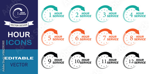 1 to 12 hour service icon set. Discount offer, support, delivery and more concept. 1 to 12 hour clock symbol collection. Support and availability logo set.