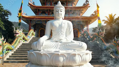 A magnificent white spiritual figure sits in tranquil meditation on a lotus base, positioned at the foot of grand stairs leading to an ornate, multi-tiered temple. Vividly colored dragon statues adorn