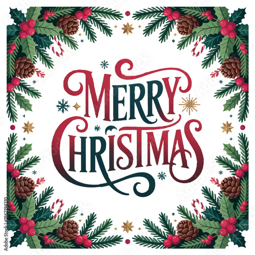 Merry Christmas festive greeting card with holiday decorations and elegant typography