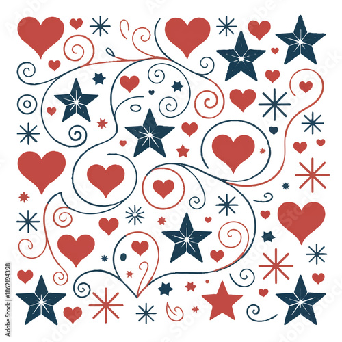Vibrant heart and star pattern with swirling lines and shapes