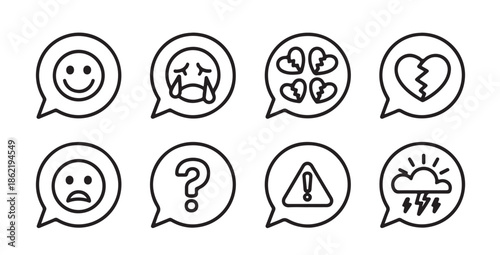 collection of emotional icons in speech bubbles emotion faces heart broken question mark warning storm sun