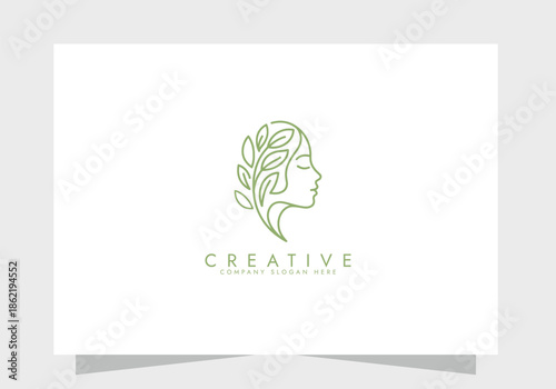 Organic Beauty Line Art Logo with Woman and Leaves, beauty logo, Skincare icon vector design