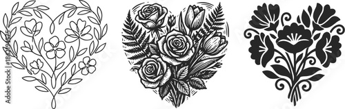 Floral heart bouquet vector illustration on white background