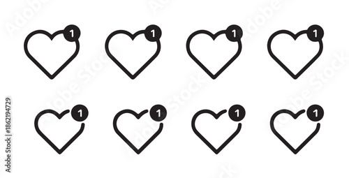 Set of outline heart icons with notification badges indicating new likes or interactions