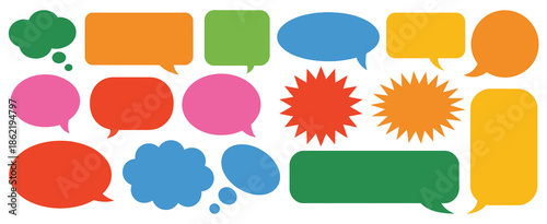 Flat speech bubble and dialogue set vector, colorful chat and text doodles, communication and conversation icons, messaging, social media, and digital interaction design elements for web