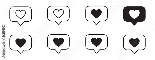 Heart icon in speech bubble vector set, like notification social media symbol collection, love message concept